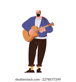 Hipster rock man holding and playing acoustic guitar enjoying live music instrument performance vector illustration. Male solo guitarist character standing isolated on white. Hobby activity concept