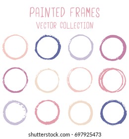 Hipster round paint brush strokes, pastel circle frame, border vector collection. Oval, circular logo elements. Hand drawn stains, brushstrokes, paint splashes, round frame borders.
