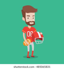 A hipster rugby player with the beard holding ball and helmet in hands. Young caucasian male rugby player in uniform. Vector flat design illustration. Square layout.