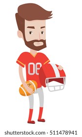 A hipster rugby player with the beard holding rugby ball and helmet in hands. Young caucasian male rugby player in uniform. Vector flat design illustration isolated on white background.