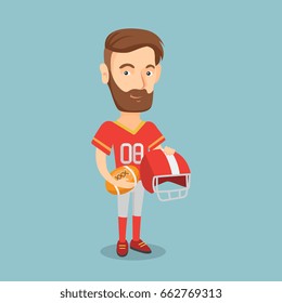 Hipster rugby player with beard holding a ball and a helmet in hands. Full length of young caucasian rugby player in uniform. Sport and leisure concept. Vector flat design illustration. Square layout.