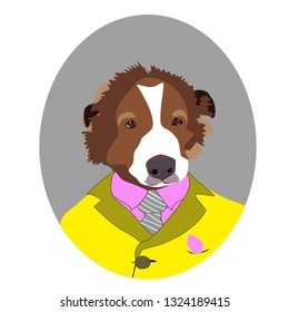 Hipster Saint Bernard Dog In Mustard Suit Anthropomorphic Character Logo