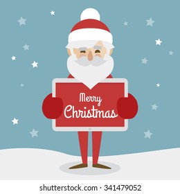 Hipster Santa Claus character illustration and christmas icons set. Merry Christmas  holding tablet with merry christmas text.