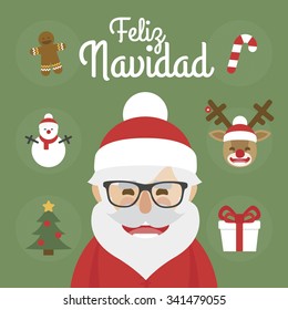 Hipster Santa Claus character illustration and christmas icons set. merry christmas written in Spanish