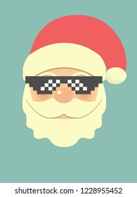 Hipster Santa Claus with cool beard and pixel glasses. Trendy greeting card design