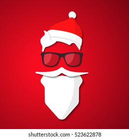 Hipster Santa Claus with cool beard and glasses. Merry Christmas card design. Vector EPS 10