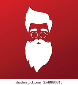 Hipster Santa Claus silueta de la cara. Santa peinado moderno, barba, bigote sobre fondo rojo. Ilustración vectorial