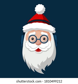 Hipster Santa Claus in fashionable glasses and with headphones. Merry Christmas and Happy New Year 2021! Christmas cute flat character.  Holiday greeting card. Isolated vector illustration.