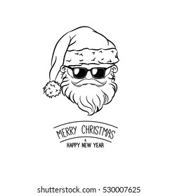 Hipster Santa Claus Head. Sunglasses. Christmas Vector Illustration.