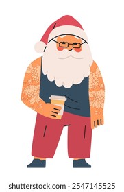 Hipster Santa Claus holding coffee cup tattoos casual outfit modern style festive theme