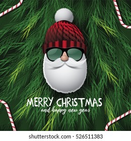 Hipster Santa Claus with knit cap and sunglasses wishes you a Merry Christmas and Happy New Year. EPS 10 vector.