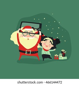 Hipster santa claus and little girl selfie with smartphone for merry christmas