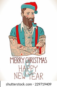 Hipster Santa Claus man with old school tattoo, Christmas and New Year illustration, Vector