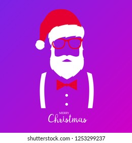 Hipster Santa Claus. Merry Christmas and Happy New Year. Santa with hat, glasses suspenders and bow tie.