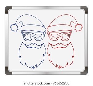 Hipster Santa Claus on flip chart background. Christmas greeting card.  glasses face hat and beard mustache. vector illustration.
