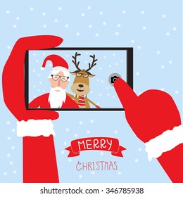 Hipster santa claus and reindeer selfie with smartphone for merry christmas vector. illustration EPS10.