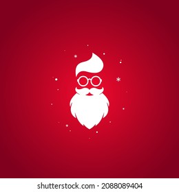 Hipster Santa claus silhouette with beard, glasses and stylish haircut  isolated on red background. Label for party or greeting card. Vector flat illustration. Merry christmas clip art.