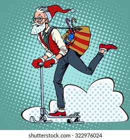 Hipster Santa Claus spreads the Christmas gifts on a scooter sled pop art retro style