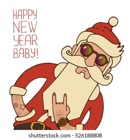 Hipster Santa Claus mit stilvollem Bart und hip Sonnenbrille. Der heikle Weihnachtsmann mit Rock-n-Roll-Geste. Hipster Santa Claus zeigt eine schwangvolle Geste. Weihnachtsvektorgrafik.