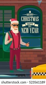 Hipster Santa Claus and taxi on New York street. Flat color vector illustration for New Year and Merry Christmas greeting card, poster, flayer, web, banner