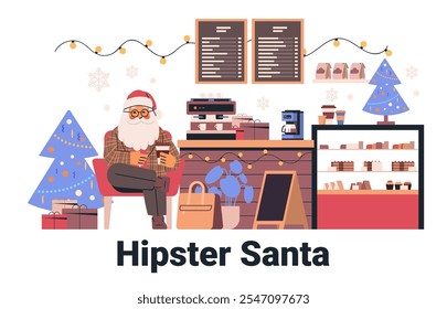 Hipster Santa in coffee shop festive scene with Christmas trees gift boxes coffee cups and decorations cozy atmosphere holiday theme