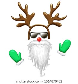 hipster santa face mask in sunglasses with antlers headband red nose long beard and mittens. Christmas costume clipart isolated on white. cool and funny xmas character vector illustration. photo booth