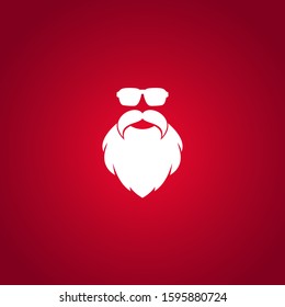 Hipster Santa poster. Claus face silhouette with beard and cool sun glasses on red background. Label for secret santa party or greeting card. Vector flat illustration. Merry christmas clip art.