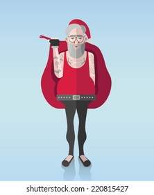 Hipster santa vector with tattoos on blue background