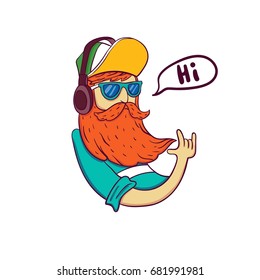 Hipster say Hi, Man sticker, cartoon card,oster