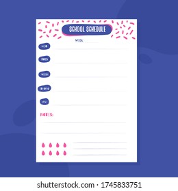 Hipster School schedule design template with elements. Vector template. Calendar Daily planner. Paper sheet.