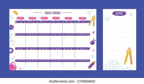 Hipster School schedule design template with elements. Vector template. Calendar Daily planner. Paper sheet.