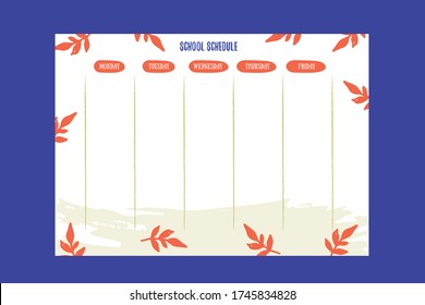 Hipster School schedule design template with autumn leaves. Vector template. Calendar Daily planner. Paper sheet.