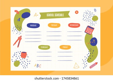 Hipster School schedule design template with elements. Vector template. Calendar Daily planner. Paper sheet.
