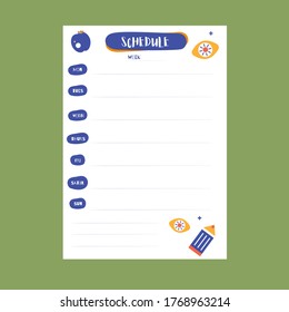 Hipster School schedule design template with elements. Vector template. Calendar Daily planner. Paper sheet.
