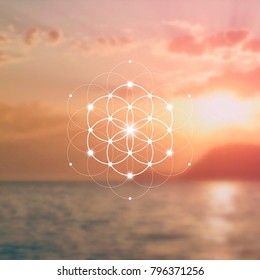 Hipster scientific illustration with flower of life - the interlocking circles ancient symbol in front of blurry photo background