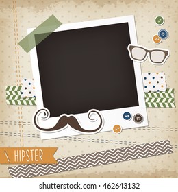 Hipster Scrap Card With Photoframe, Mustache And Glasses