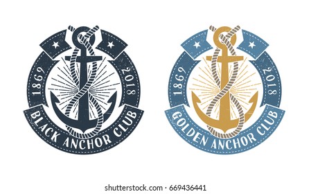 Hipster sea emblem with anchor, rope and  round ribbon with inscription. Monochrome and color options. Worn texture on a separate layer and can be disabled.