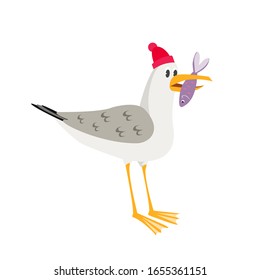 A hipster seagull in a beautiful knitted hat. Funny character for children's design.