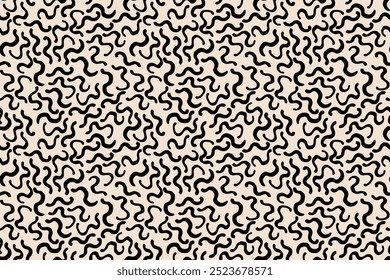 Patrón ondulado abstracto inconsútil de Hipster de rayas arqueadas dibujadas a mano al azar, color negro sobre fondo beige, patrón de camuflaje, Ilustración vectorial.