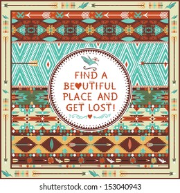 Hipster seamless aztec pattern with geometric elements and quotes typographic text