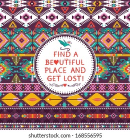 Hipster seamless aztec pattern with geometric elements and quotes typographic text
