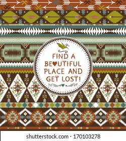 Hipster seamless aztec pattern with geometric elements and quotes typographic text 