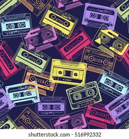 Hipster seamless cartoon pattern with colorful retro cassettes music theme