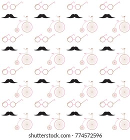 Hipster seamless pattern with bicycle, mustache and round glasses. Ideal for print, fashion, cover, fabric, cute contemporary theme, vintage style.