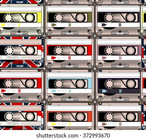 Hipster seamless pattern with colorful retro cassettes music theme