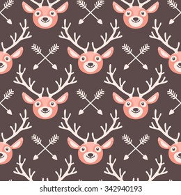 Hipster seamless pattern with deer and arrows. Vector illustration.