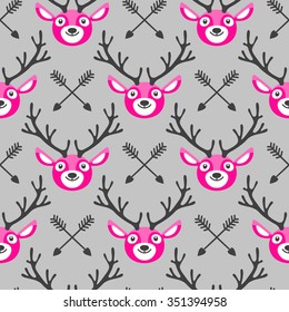 Hipster seamless pattern with deer and arrows. Vector illustration.