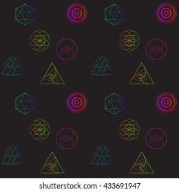 Hipster seamless pattern with multicolored geometrical figures on a black background. Circle, rectangle, triangle, square, polygon, point