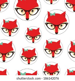 Hipster seamless pattern with red lady fox. Vector background. 