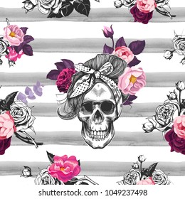 Hipster seamless pattern with skull silhouettes, flowers roses and watercolor stripes at the background. Skull silhouette in engraving. Black and white.